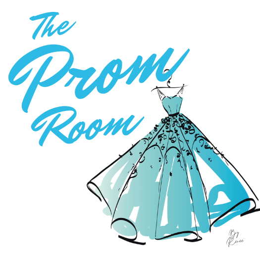 The Prom Room Logo Blue dress hanging on the words The Prom Room